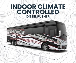 A black and white bus with the words "indoor climate controlled diesel pusher" written above it.